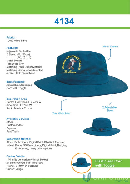 Blue bucket hat with embroidered logo, perfect for uniforms or workwear, FAQ link inside