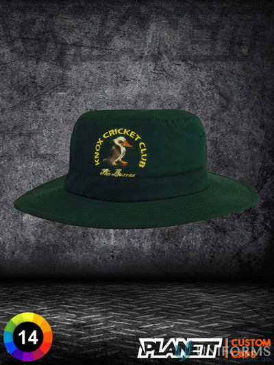 Dark green Microfibre Adjustable Bucket Hat with Knox Cricket Club logo, perfect for workwear or uniforms