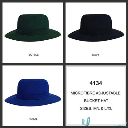 Colorful microfibre adjustable bucket hats perfect for uniforms and workwear, check FAQ link