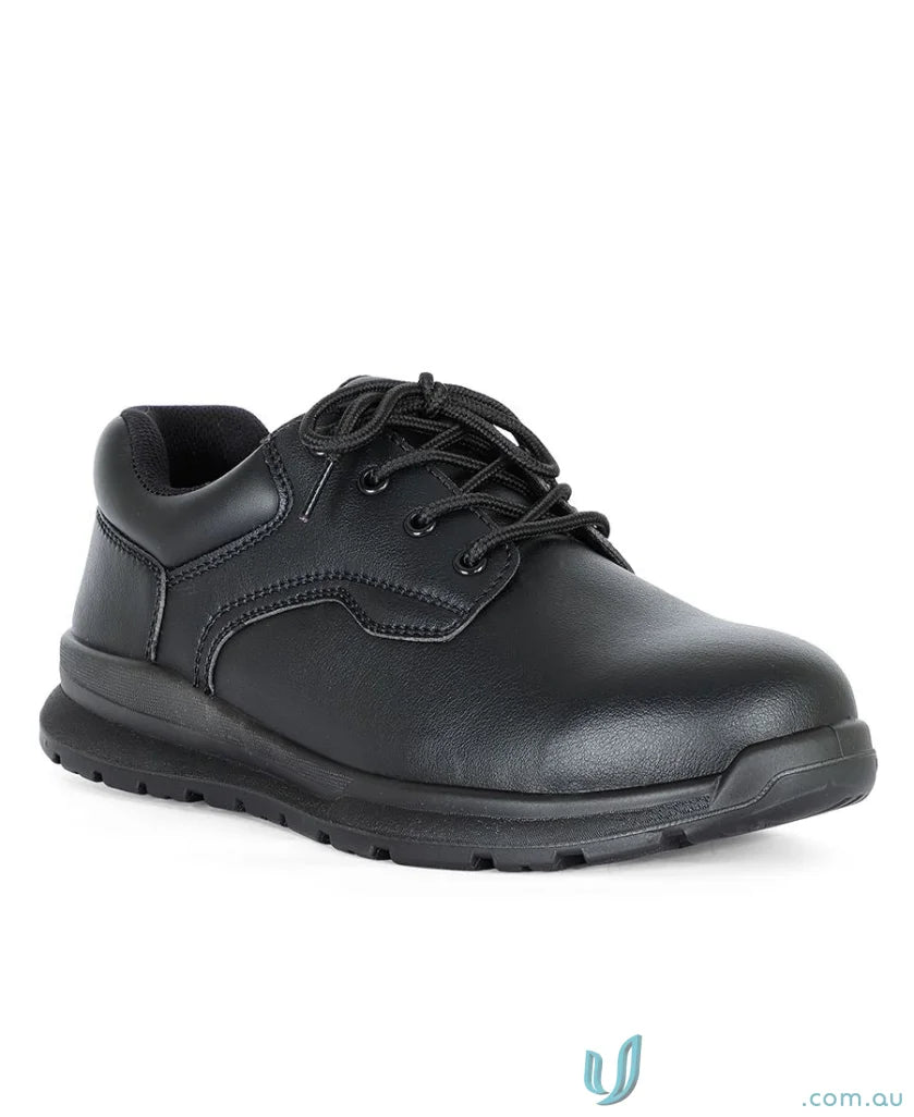 Black leather steel toe lace-up shoe perfect for workwear and uniforms