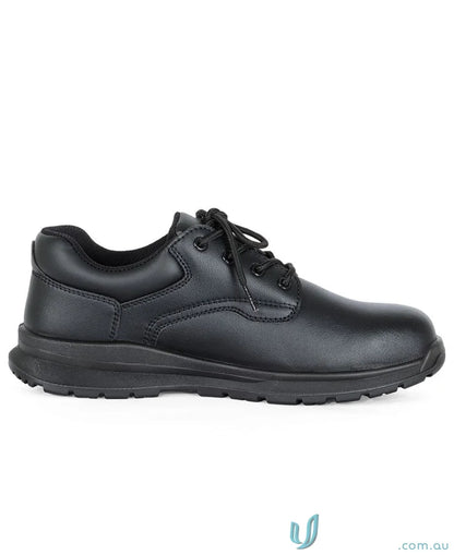 Black leather steel toe workwear shoe with durable sole for uniforms and safety