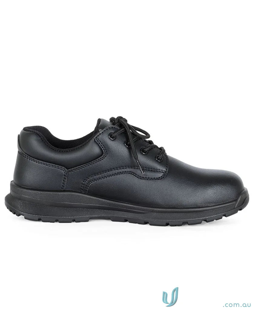 Black leather steel toe workwear shoe with durable sole for uniforms and safety