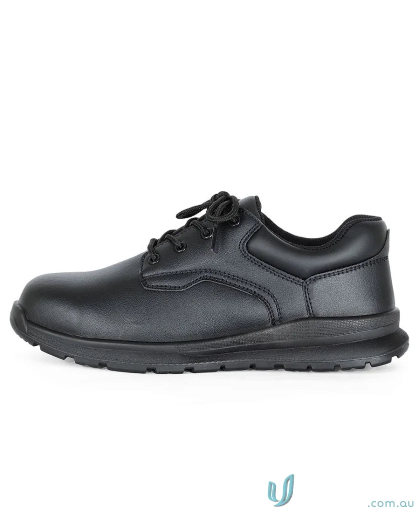 Black lace-up safety shoe with steel toe sole, perfect for workwear and uniforms