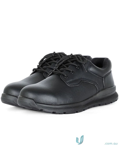 Black lace-up safety shoes with steel toe and textured sole for workwear and uniforms