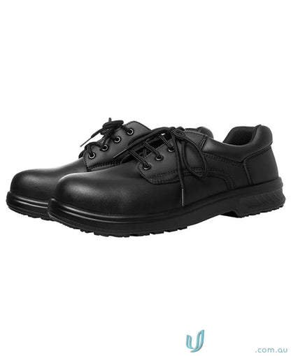 Black lace-up safety shoes with steel toe for workwear and uniforms