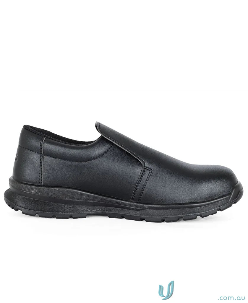 Black leather slip-on shoe with durable sole, perfect for uniforms and workwear