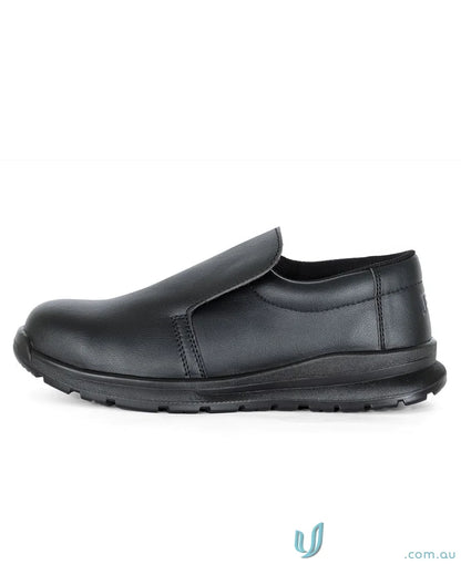 Black leather slip-on shoe with durable sole, perfect for uniforms and workwear