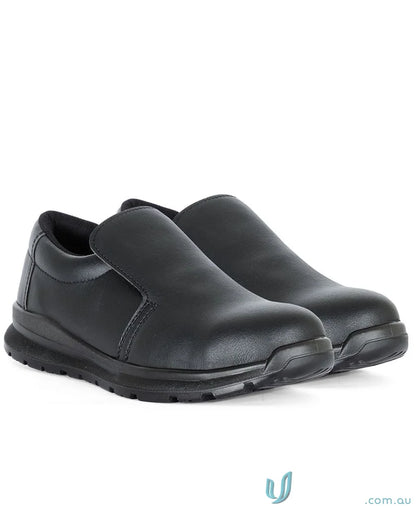 Pair of black slip-on shoes with durable sole, perfect for uniforms and workwear