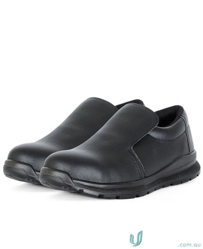 Black slip-on work shoes with comfy sole for uniforms and workwear comfort