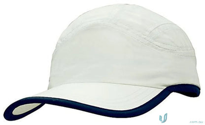 White microfibre sports cap with dark blue trim perfect for your sports gear