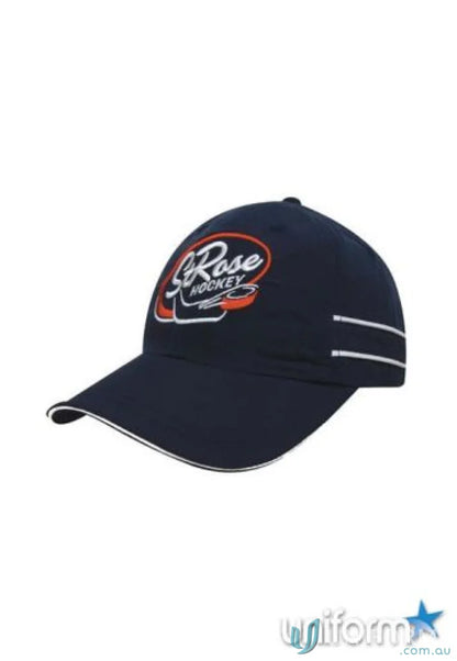 Navy microfibre sports cap with piping and sandwich design for active wear