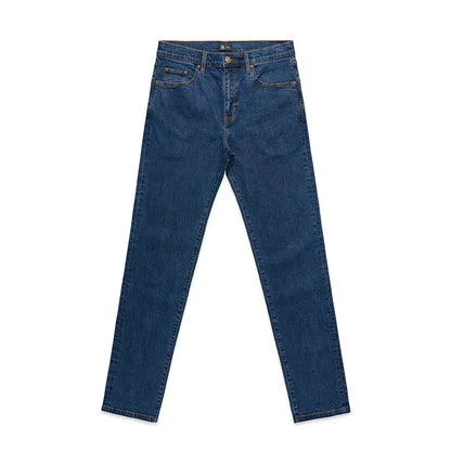 Mid blue denim jeans with straight leg fit and subtle distressing