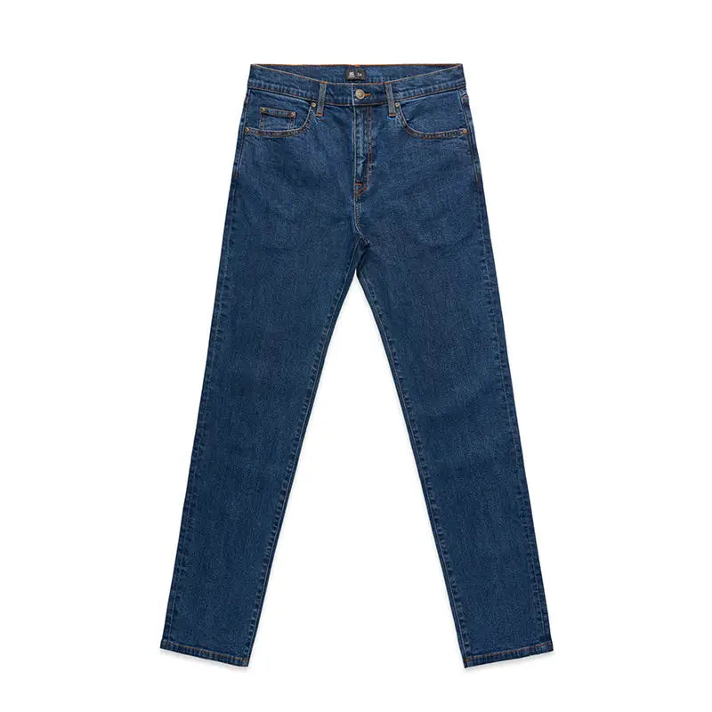 Mid blue denim jeans with straight leg fit and subtle distressing