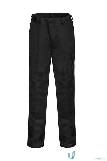 Black men’s cargo cotton drill trousers with flat front and side pockets