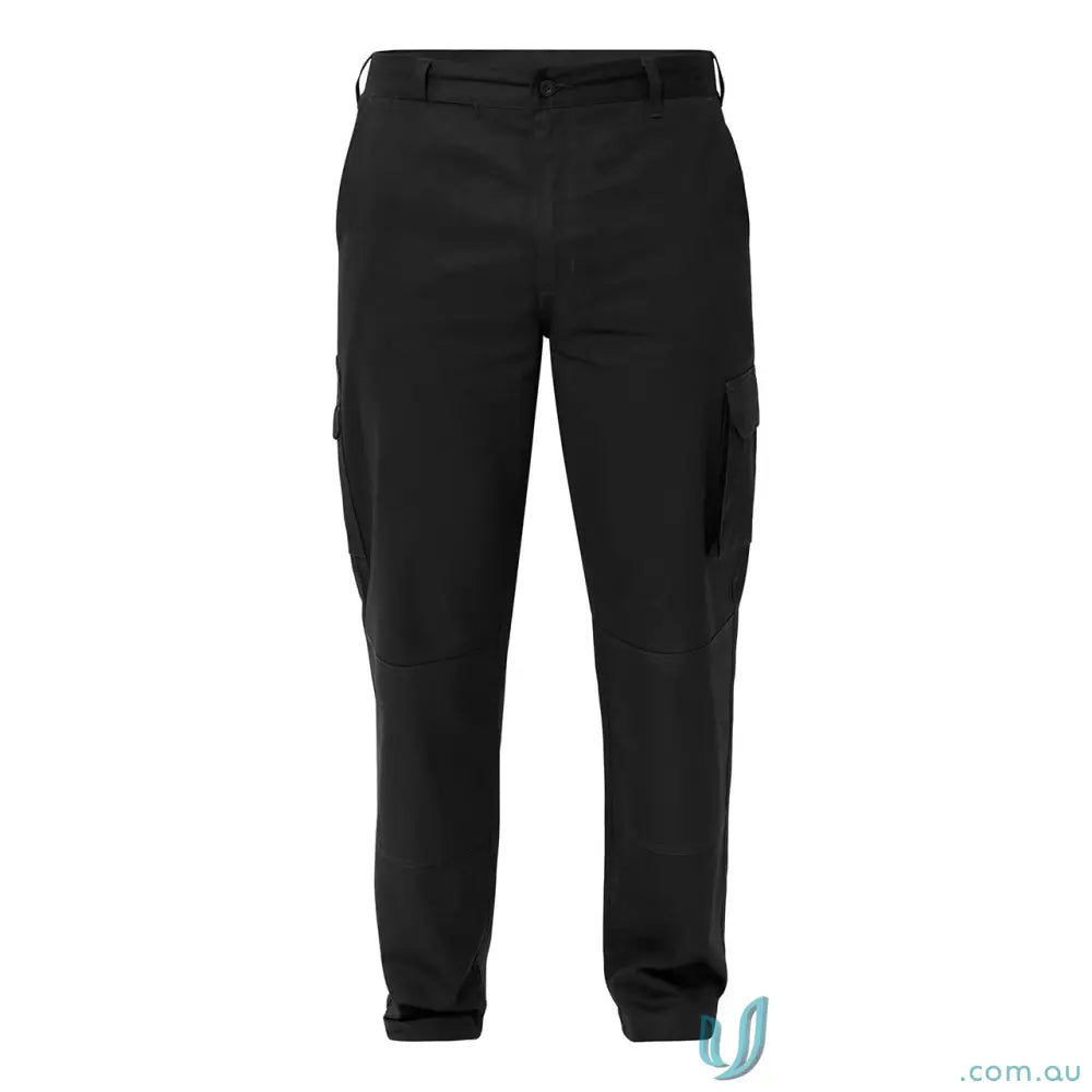 Black cotton drill trousers with side pockets, belt loops, and reinforced stress points