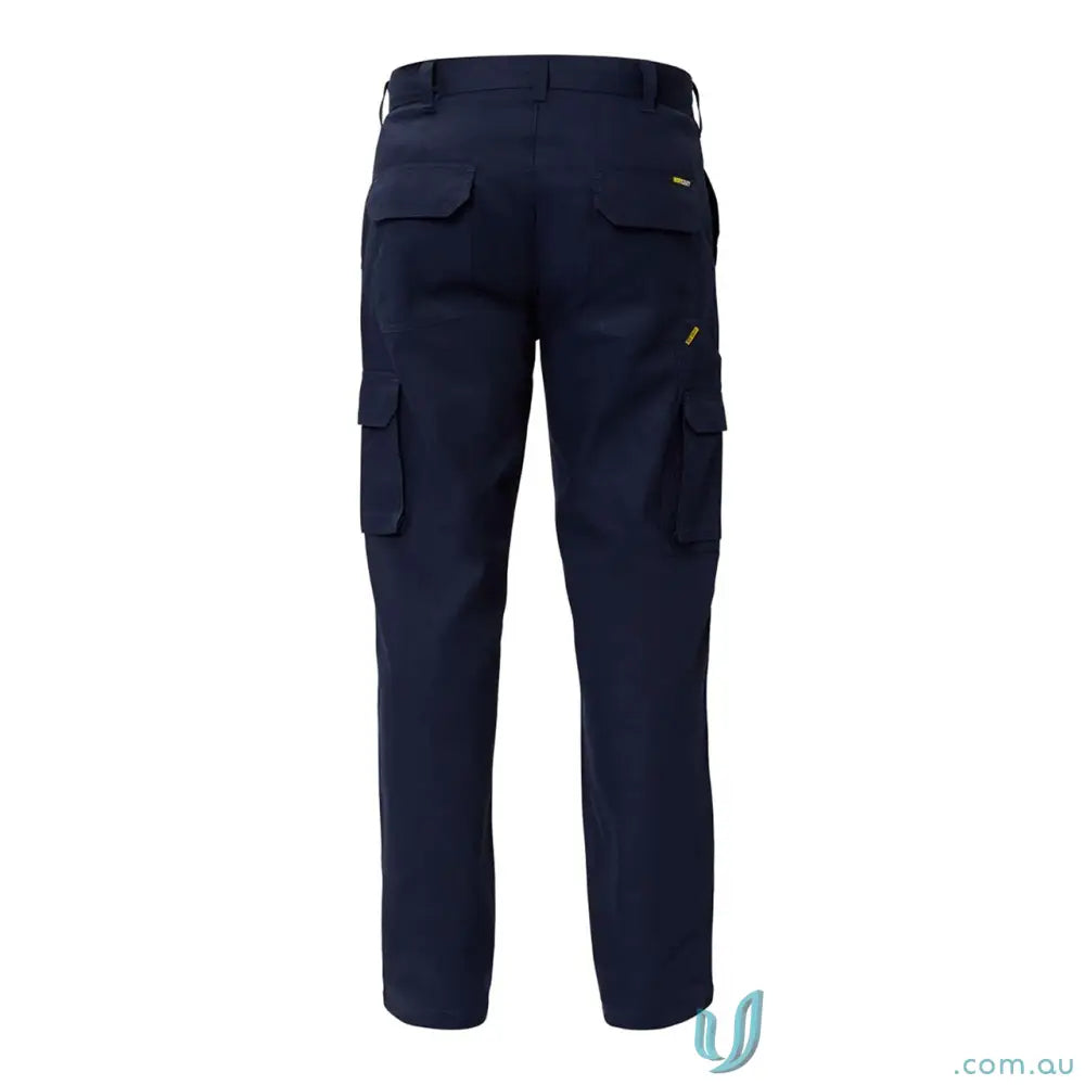 Navy blue cotton drill trousers with multiple pockets and reinforced stress points for work