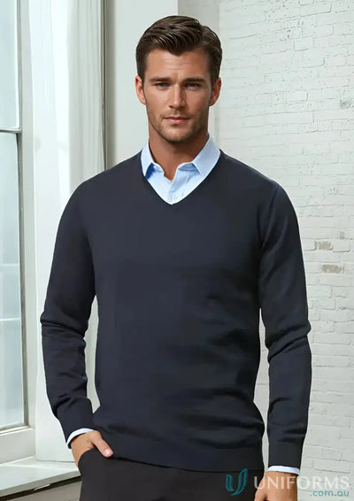 Milano Knit Jumper from Biz Collection Milano in dark blue merino wool over light blue shirt