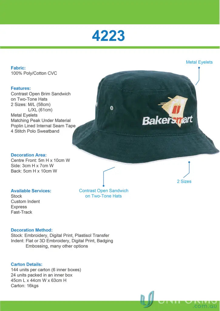 Dark green bucket hat from Mildura Central ELC with wide stock range for all days