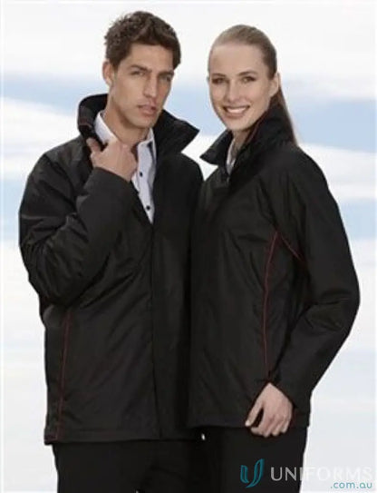 Matching black polyester rain jackets from Mildura Central workwear uniforms