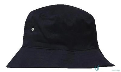 Black fabric bucket hat with a small white circular logo perfect for uniforms and workwear use