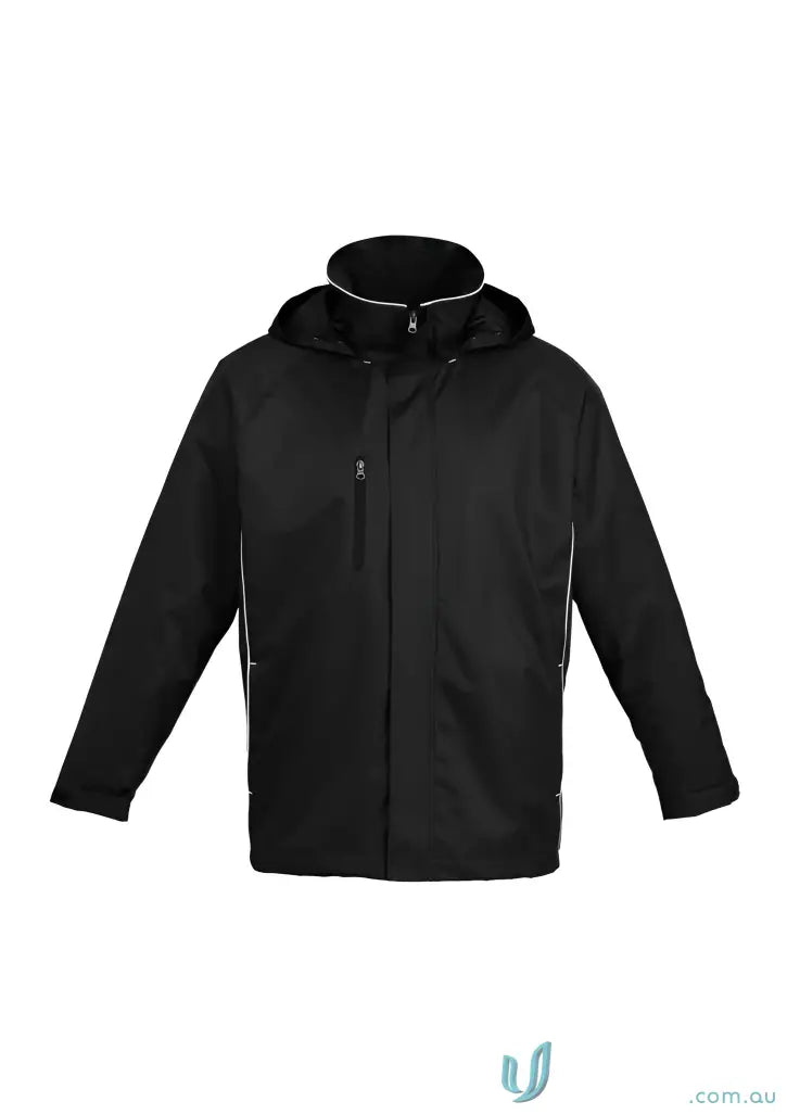 Black waterproof polyester jacket with hood and white trim for uniforms or workwear