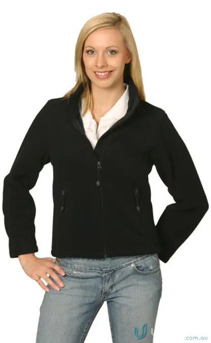 Woman wearing black bonded polar fleece jacket from Mildura ELC Ladies Polar Jacket line