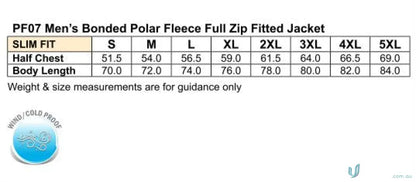 Men’s jacket size chart for Mildura ELC Men’s Polar Jacket workwear and uniforms