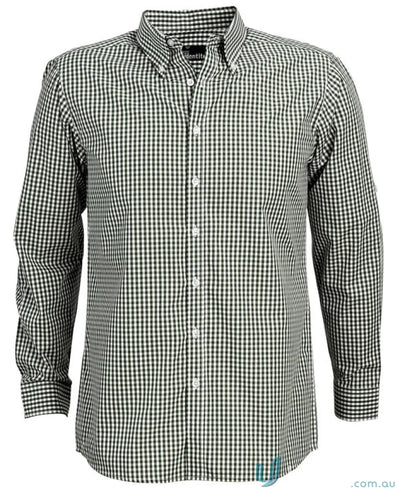 Green and white checkered long sleeve gingham check shirt for a casual look