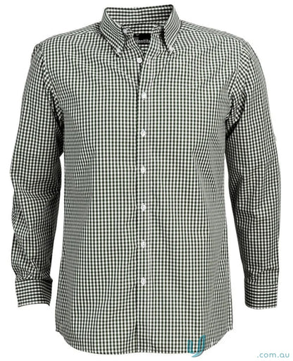 Green and white checkered long sleeve gingham check shirt for a casual look