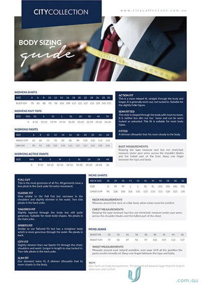 Clothing size guide for MIRANDA Elastic Back Pant, perfect for uniforms and workwear