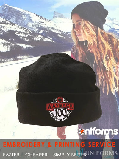 Black mirco fleece beanie with embroidered logo, comfy fleece beanie for winter warmth