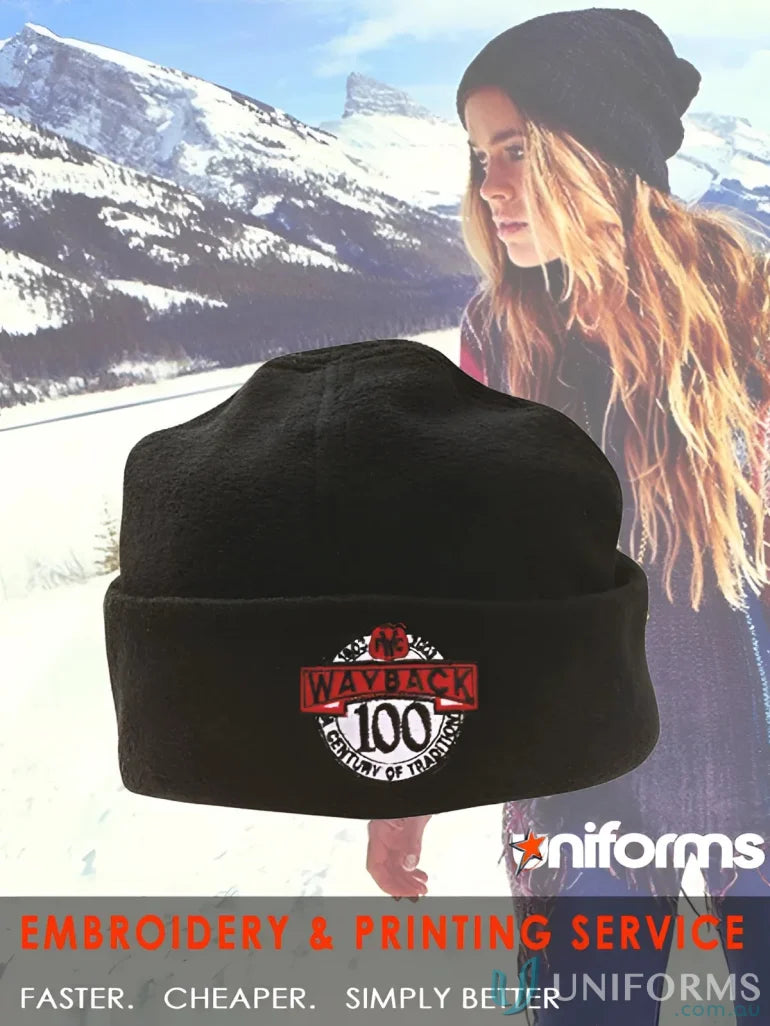 Black mirco fleece beanie with embroidered logo, comfy fleece beanie for winter warmth