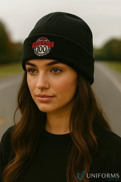 Black Mirco Fleece Beanie with red and white circular patch for cozy style