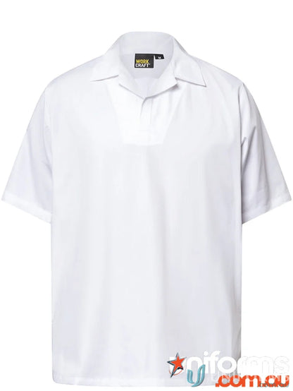 White short-sleeved polo shirt from Modesty Insert Jac, ideal for food industry gear and industrial laundry solutions