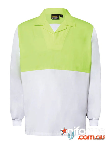 Two-tone long-sleeved polo shirt with dayglow yellow panel, perfect as sun protection jacket or industrial laundry workwear