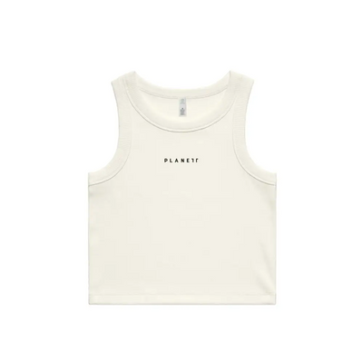 Cream-colored sleeveless moira ladies tank with minimalist black planet logo perfect for workwear and uniforms