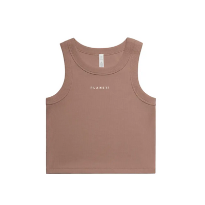 Moira ladies tank taupe ribbed crop top with subtle white planet logo perfect for casual workwear uniforms
