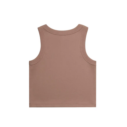 Sleeveless, brown, knit top.