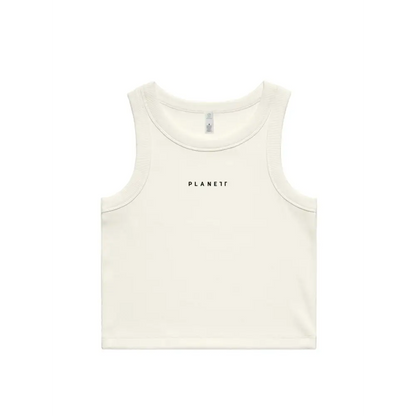 Cream-colored Moira Ladies Tank crop length with planet text