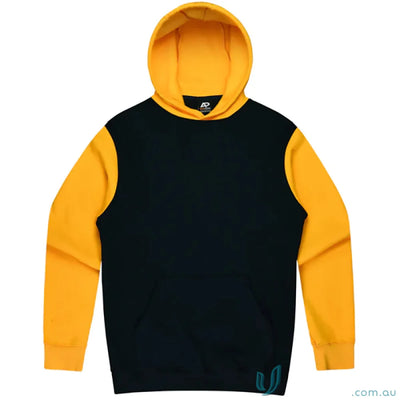 Black and yellow Monash Hoodie perfect for uniforms, shows chest measurements easy