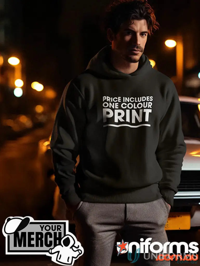 Black fleecy hoodie with white text from MOQ100 Printed ADULT Hoodie, perfect for uniforms or workwear