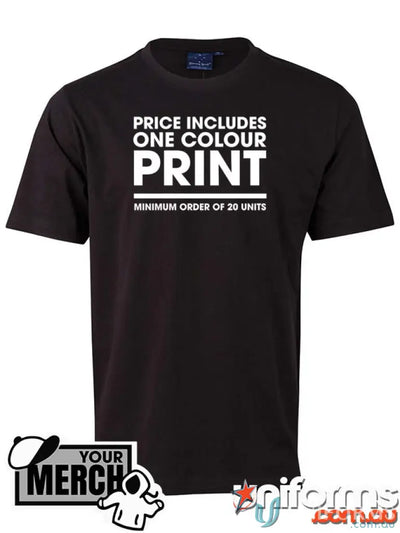 Black T-shirt from MOQ100 Printed ADULT Tee with premium cotton and one-colour print