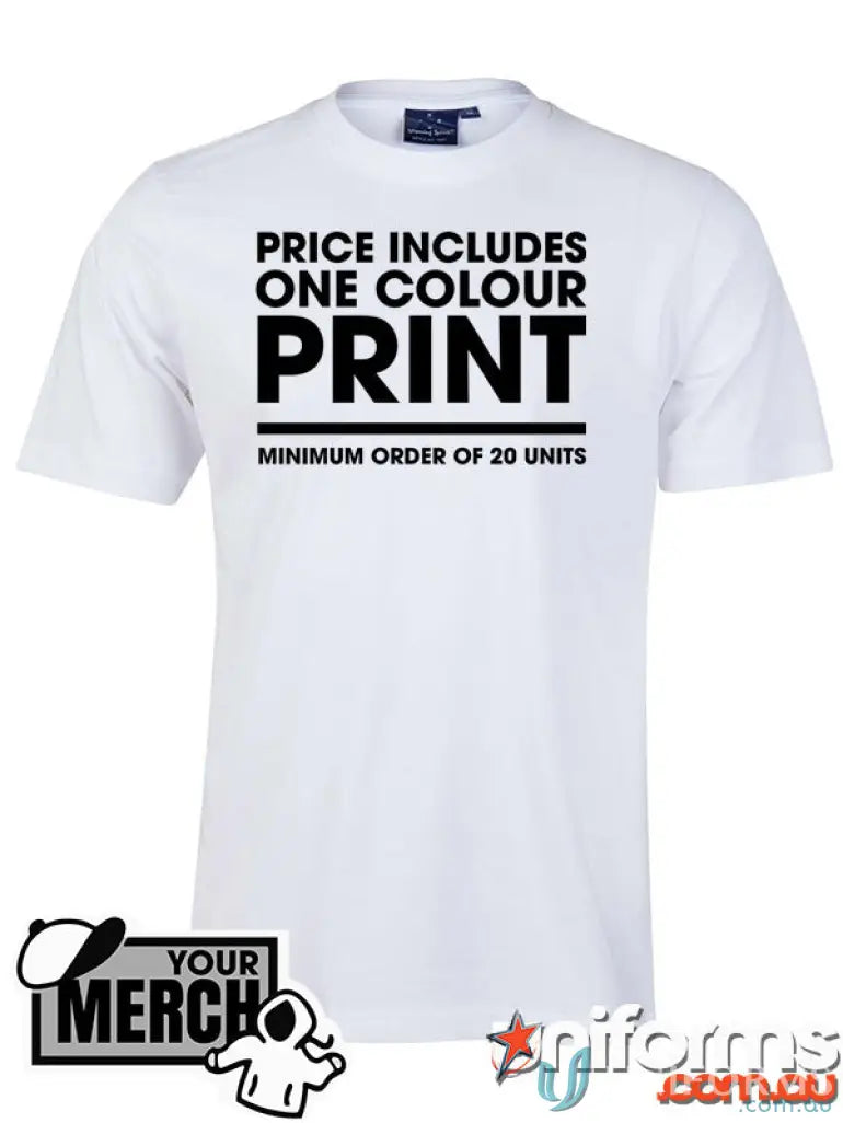 White premium cotton tee with one-colour print in MOQ100 Printed ADULT Tee product