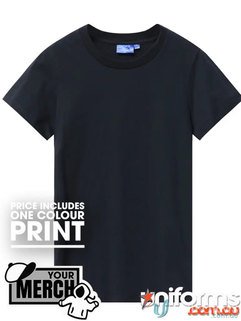 Black crew neck T-shirt from MOQ100 Printed LADIES Tee, perfect for workwear or uniforms