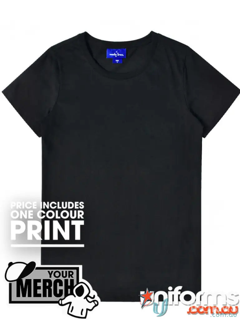 Black crew neck T-shirt from MOQ100 Printed LADIES Tee, perfect for workwear and uniforms