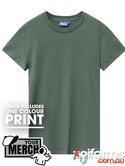 Olive green crew neck t-shirt from MOQ100 Printed LADIES Tee, perfect for workwear or uniforms