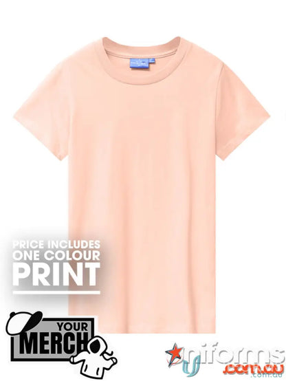 Peach-colored short-sleeved T-shirt for uniforms or workwear on MOQ100 Printed LADIES Tee