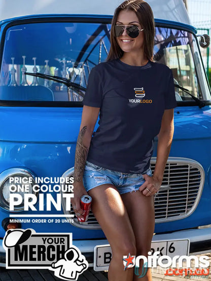 Woman in dark blue tee and denim shorts, trendy workwear for uniforms and more