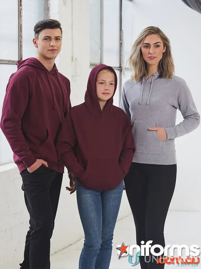 Three people wearing MOQ100 Printed YOUTH Hoodie for casualwear or uniforms