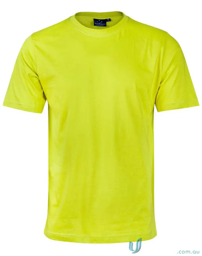 Bright yellow MOQ100 Printed Youth Tee made from comfy combed cotton, perfect for uniforms or workwear